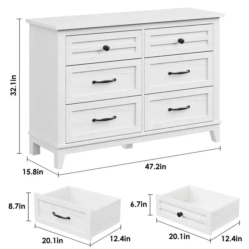 Cassettiera a 6 cassetti larga 119 cm, base rialzata, mobile contenitore per camera da letto e armadio