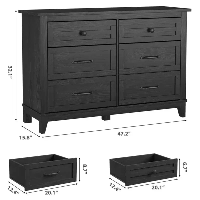 Cassettiera a 6 cassetti larga 119 cm, base rialzata, mobile contenitore per camera da letto e armadio