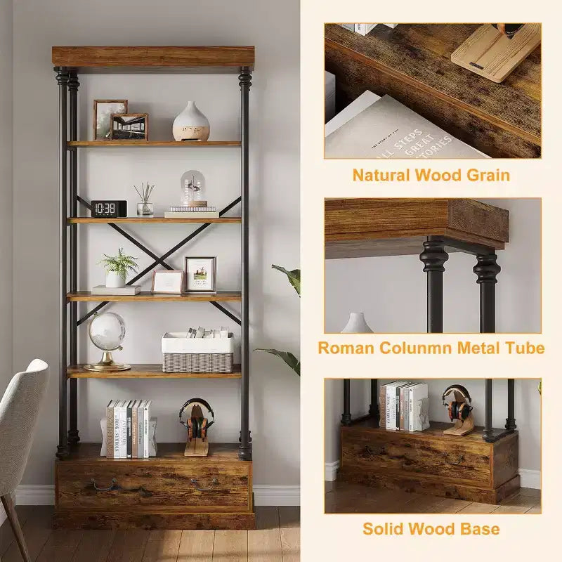 Libreria a 5 Ripiani con Cassetto Contenitore, Scaffale per Libri Alto 81,3 cm, Libreria Vintage con Struttura in Metallo, Scaffale Aperto Rustico