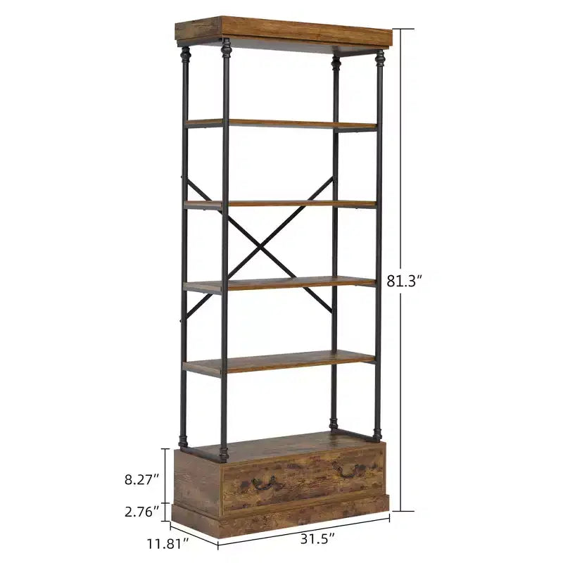 Libreria a 5 Ripiani con Cassetto Contenitore, Scaffale per Libri Alto 81,3 cm, Libreria Vintage con Struttura in Metallo, Scaffale Aperto Rustico