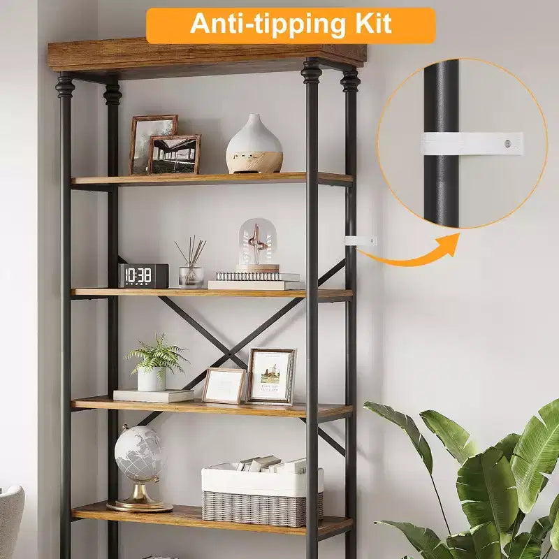 Libreria a 5 Ripiani con Cassetto Contenitore, Scaffale per Libri Alto 81,3 cm, Libreria Vintage con Struttura in Metallo, Scaffale Aperto Rustico