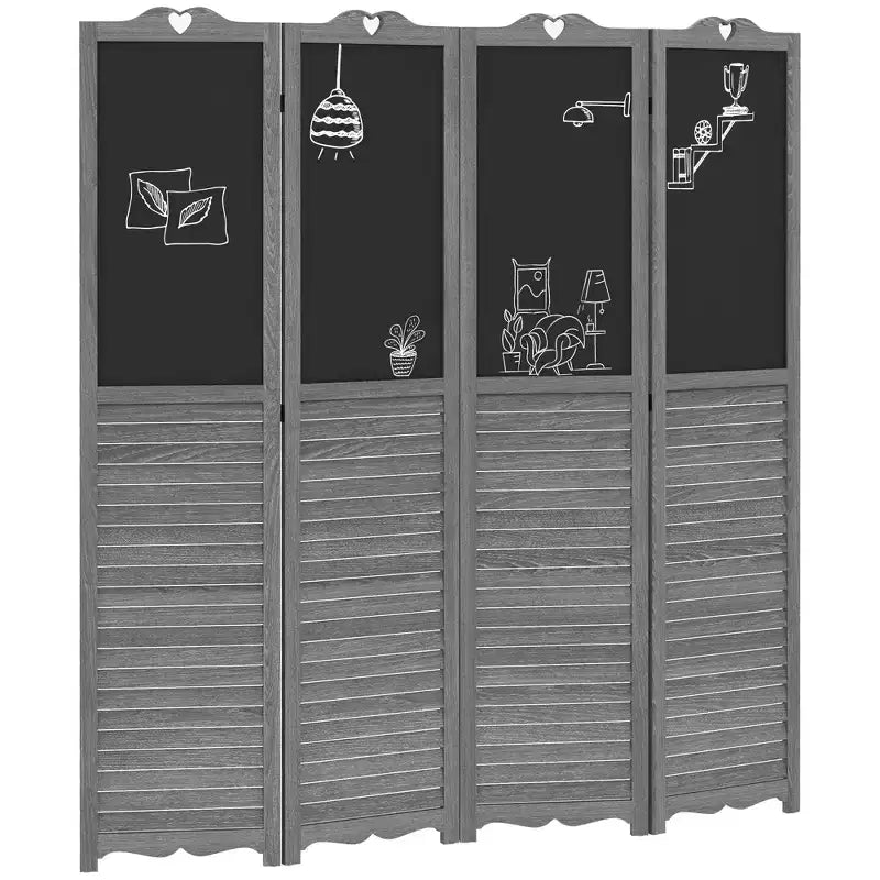 Divisorio pieghevole a 4 pannelli con lavagna, paravento autoportante, struttura in legno, grigio