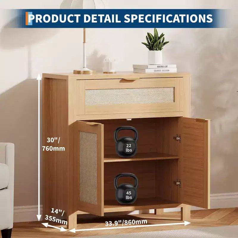 Credenza a Buffet 34 con Scomparti, Mobile Contenitore in Legno con Ripiani Regolabili, Cassetti e Ante in Rattan
