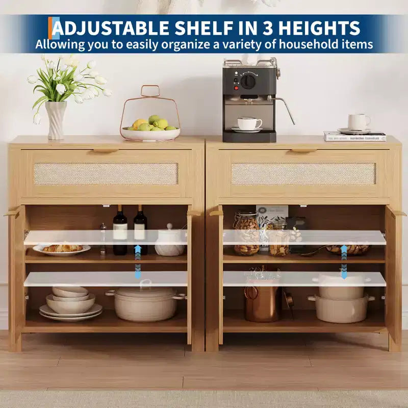 Credenza a Buffet 34 con Scomparti, Mobile Contenitore in Legno con Ripiani Regolabili, Cassetti e Ante in Rattan
