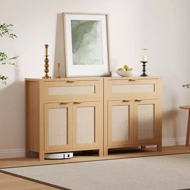 Credenza a Buffet 34 con Scomparti, Mobile Contenitore in Legno con Ripiani Regolabili, Cassetti e Ante in Rattan