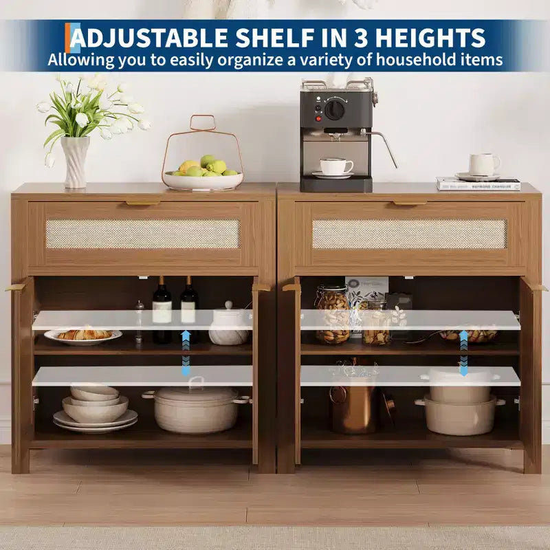 Credenza a Buffet 34 con Scomparti, Mobile Contenitore in Legno con Ripiani Regolabili, Cassetti e Ante in Rattan