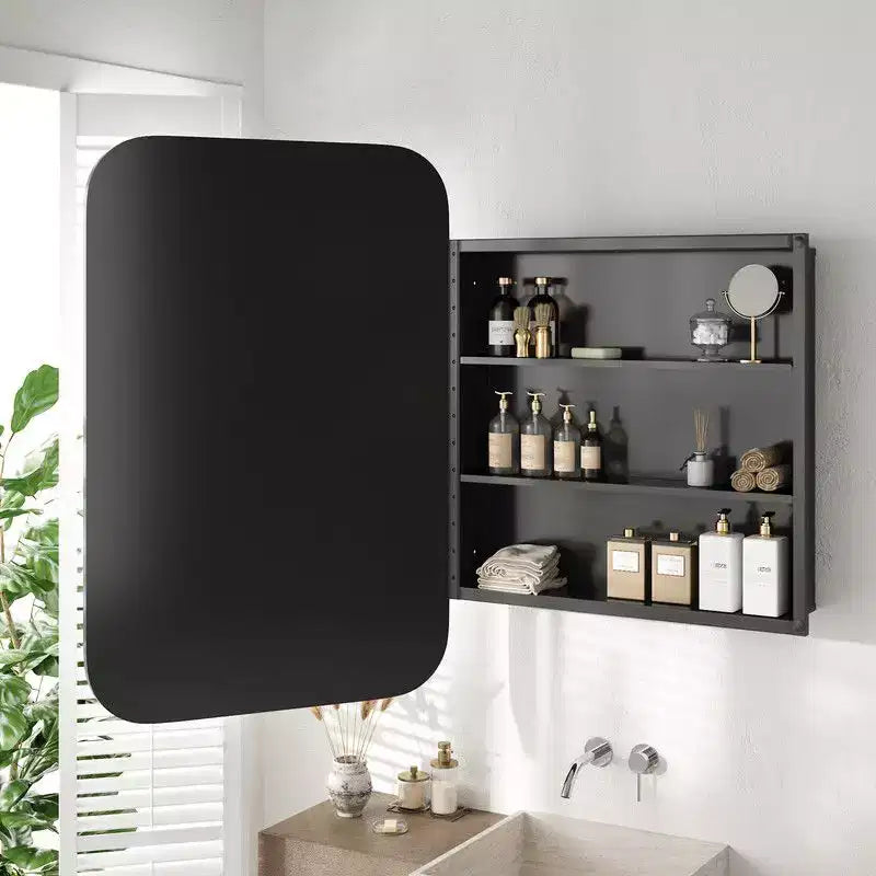Mobiletto da Bagno 36 x 24 con Specchio, Cornice in Acciaio Inossidabile e 2 Ripiani Regolabili, Armadietto a Muro con Specchio Rettangolare a Incasso, Nero