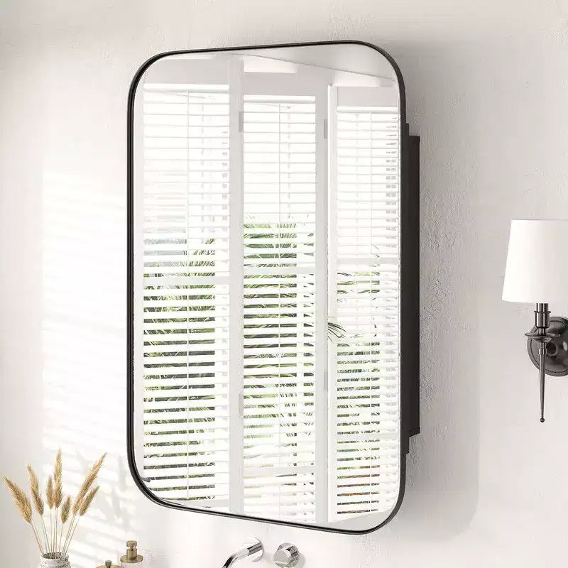 Mobiletto da Bagno 36 x 24 con Specchio, Cornice in Acciaio Inossidabile e 2 Ripiani Regolabili, Armadietto a Muro con Specchio Rettangolare a Incasso, Nero