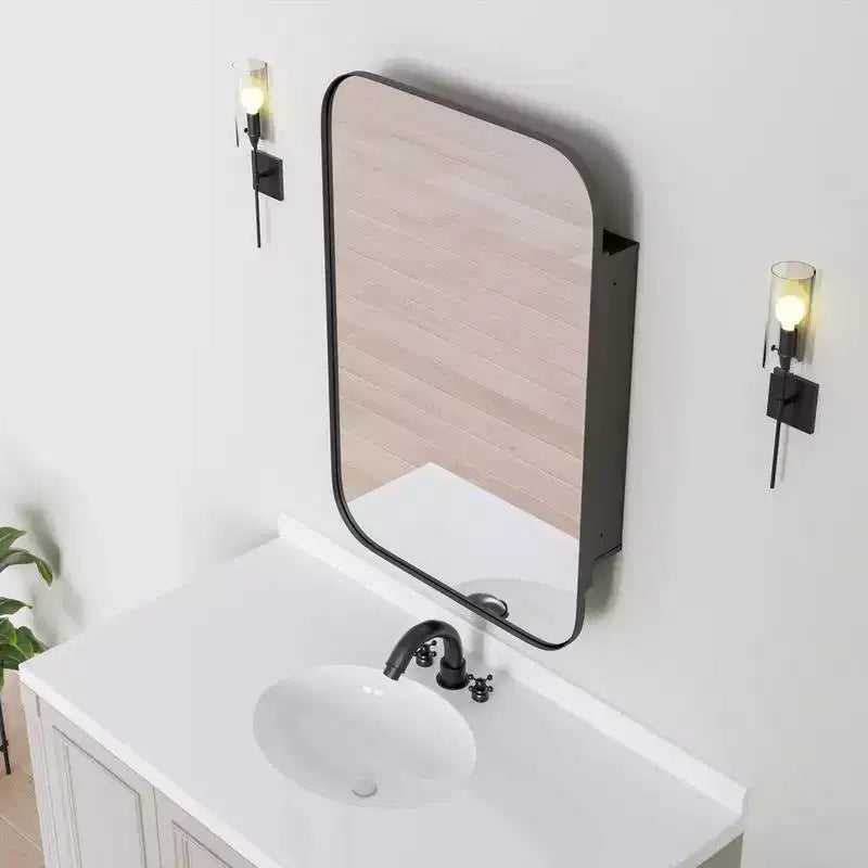 Mobiletto da Bagno 36 x 24 con Specchio, Cornice in Acciaio Inossidabile e 2 Ripiani Regolabili, Armadietto a Muro con Specchio Rettangolare a Incasso, Nero