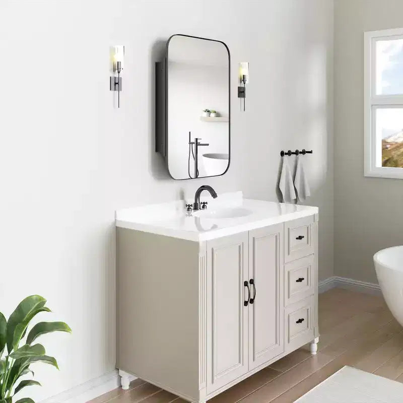 Mobiletto da Bagno 36 x 24 con Specchio, Cornice in Acciaio Inossidabile e 2 Ripiani Regolabili, Armadietto a Muro con Specchio Rettangolare a Incasso, Nero