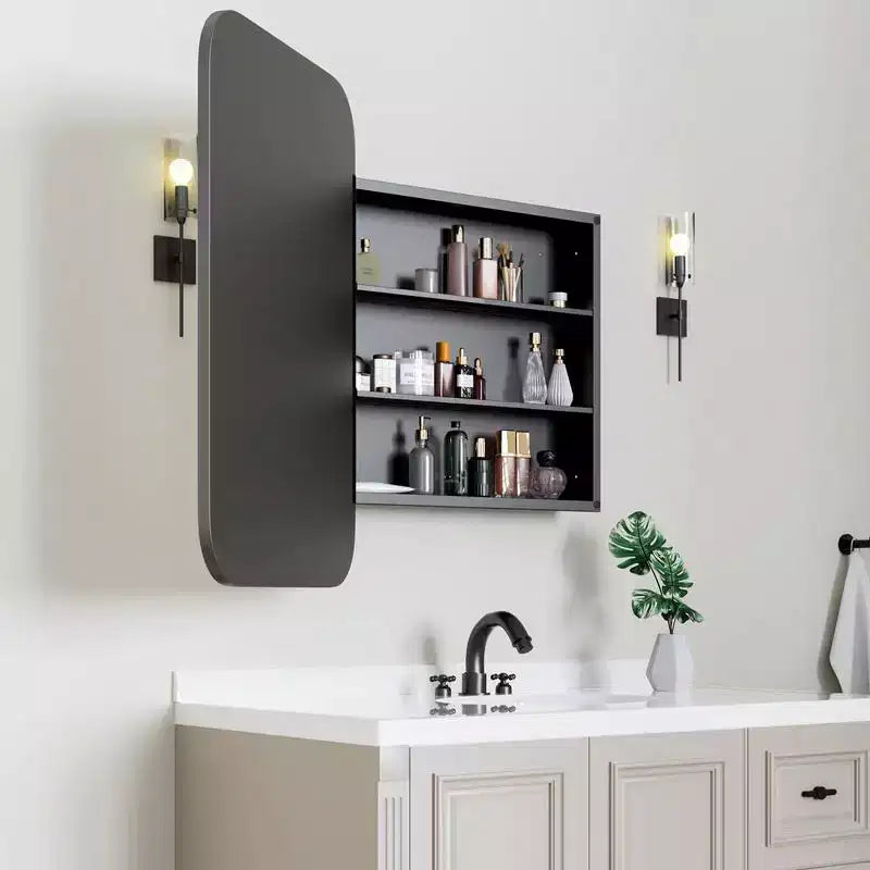 Mobiletto da Bagno 36 x 24 con Specchio, Cornice in Acciaio Inossidabile e 2 Ripiani Regolabili, Armadietto a Muro con Specchio Rettangolare a Incasso, Nero