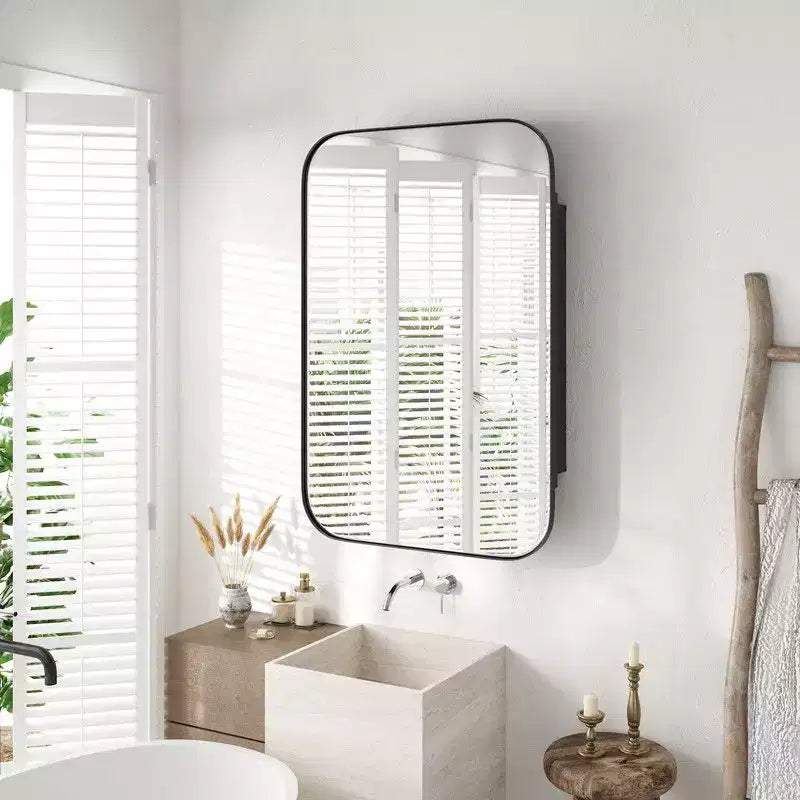 Mobiletto da Bagno 36 x 24 con Specchio, Cornice in Acciaio Inossidabile e 2 Ripiani Regolabili, Armadietto a Muro con Specchio Rettangolare a Incasso, Nero