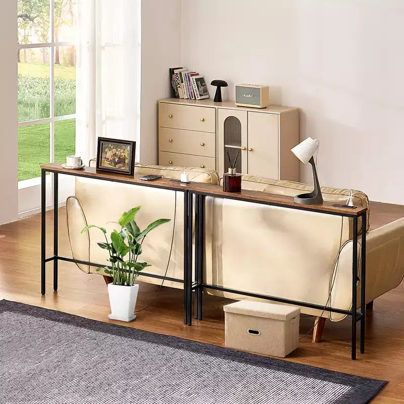 Tavolino Consolle Stretto, Confezione da 2 con Prese di Corrente e Porte USB, Lunghezza 200 cm, Struttura in Metallo, Nero