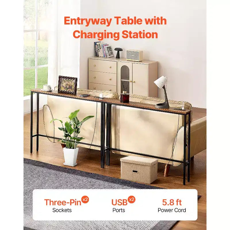 Tavolino Consolle Stretto, Confezione da 2 con Prese di Corrente e Porte USB, Lunghezza 200 cm, Struttura in Metallo, Nero