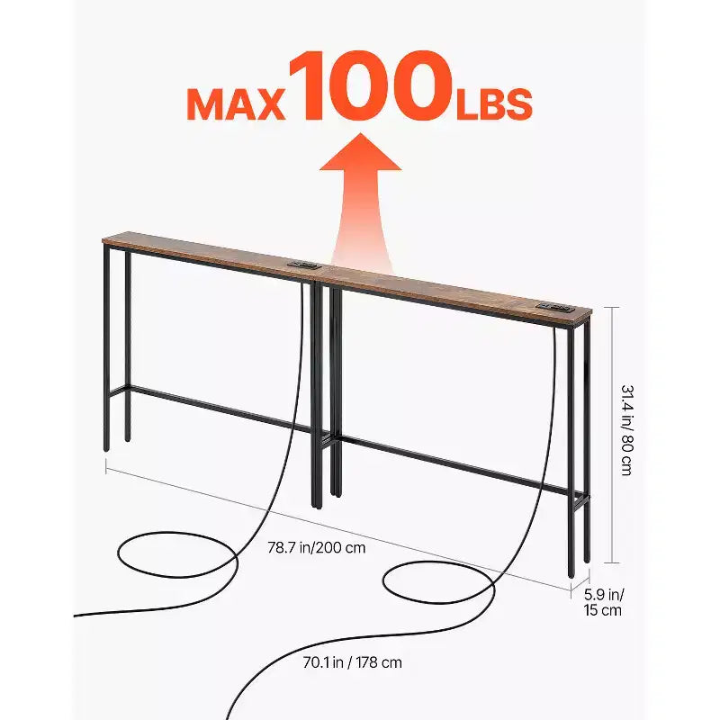 Tavolino Consolle Stretto, Confezione da 2 con Prese di Corrente e Porte USB, Lunghezza 200 cm, Struttura in Metallo, Nero