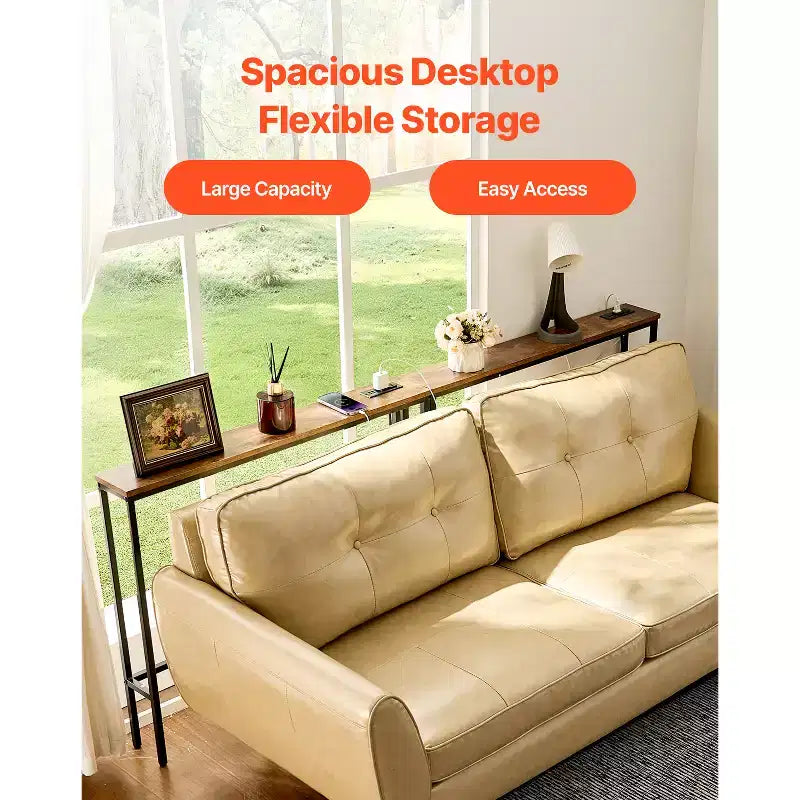Tavolino Consolle Stretto, Confezione da 2 con Prese di Corrente e Porte USB, Lunghezza 200 cm, Struttura in Metallo, Nero