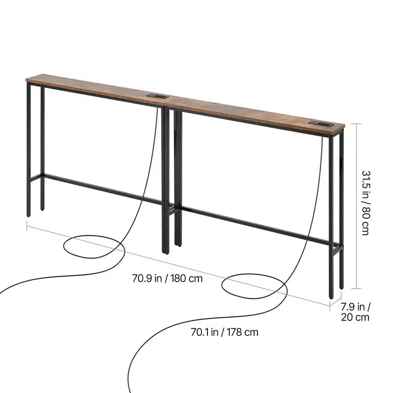 Tavolino Consolle Stretto, Confezione da 2 con Prese di Corrente e Porte USB, Lunghezza 200 cm, Struttura in Metallo, Nero