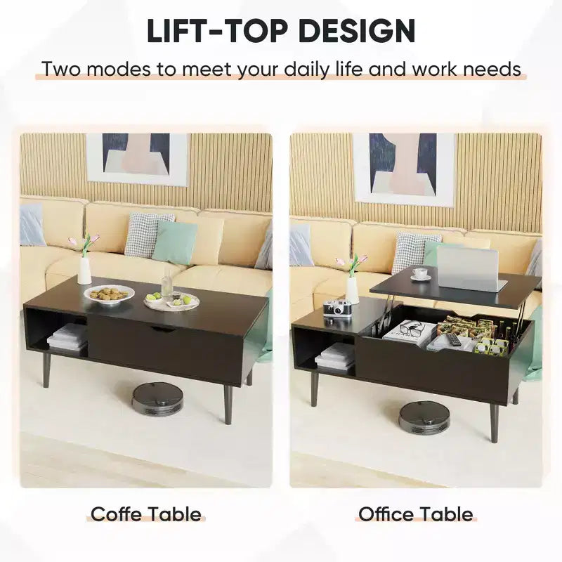 Tavolino da caffè sollevabile con contenitore nascosto e ripiani laterali, struttura in acciaio, 100x50 cm, marrone/nero