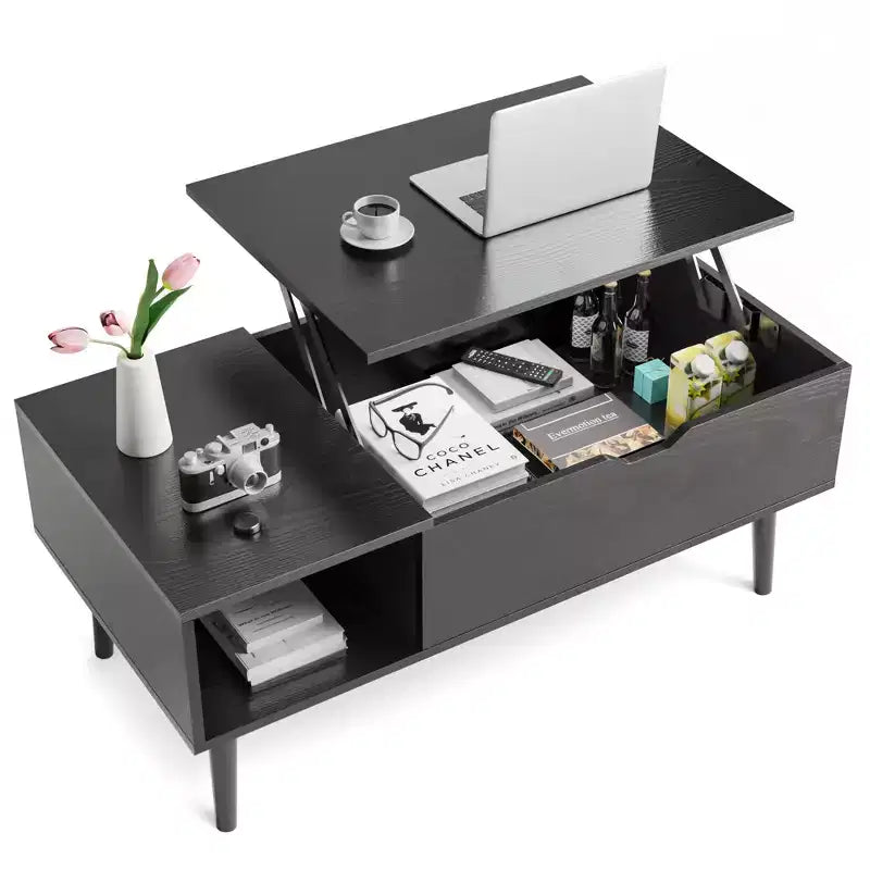 Tavolino da caffè sollevabile con contenitore nascosto e ripiani laterali, struttura in acciaio, 100x50 cm, marrone/nero