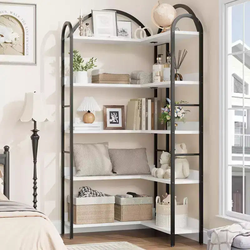 Libreria ad angolo a forma di L, libreria a 5 livelli, scaffale moderno per libri con struttura in metallo, scaffali portaoggetti autoportanti per uso domestico e ufficio