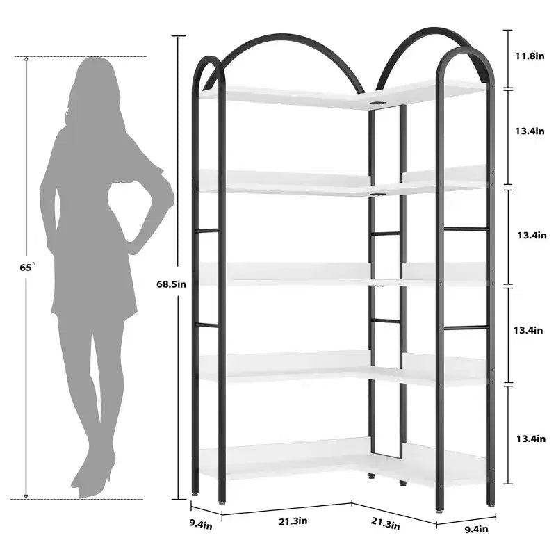 Libreria ad angolo a forma di L, libreria a 5 livelli, scaffale moderno per libri con struttura in metallo, scaffali portaoggetti autoportanti per uso domestico e ufficio