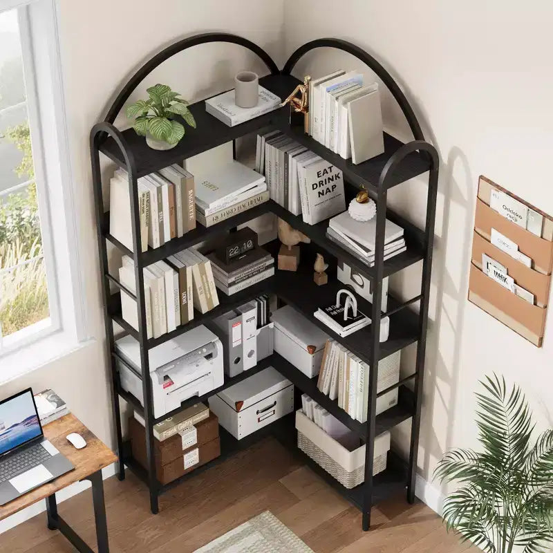 Libreria ad angolo a forma di L, libreria a 5 livelli, scaffale moderno per libri con struttura in metallo, scaffali portaoggetti autoportanti per uso domestico e ufficio