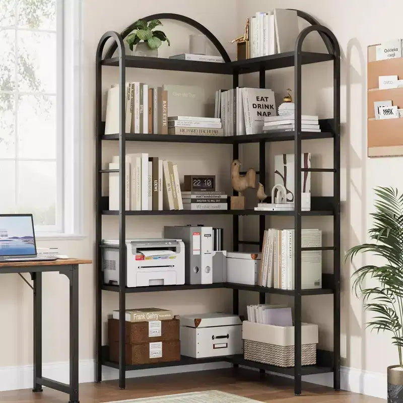Libreria ad angolo a forma di L, libreria a 5 livelli, scaffale moderno per libri con struttura in metallo, scaffali portaoggetti autoportanti per uso domestico e ufficio