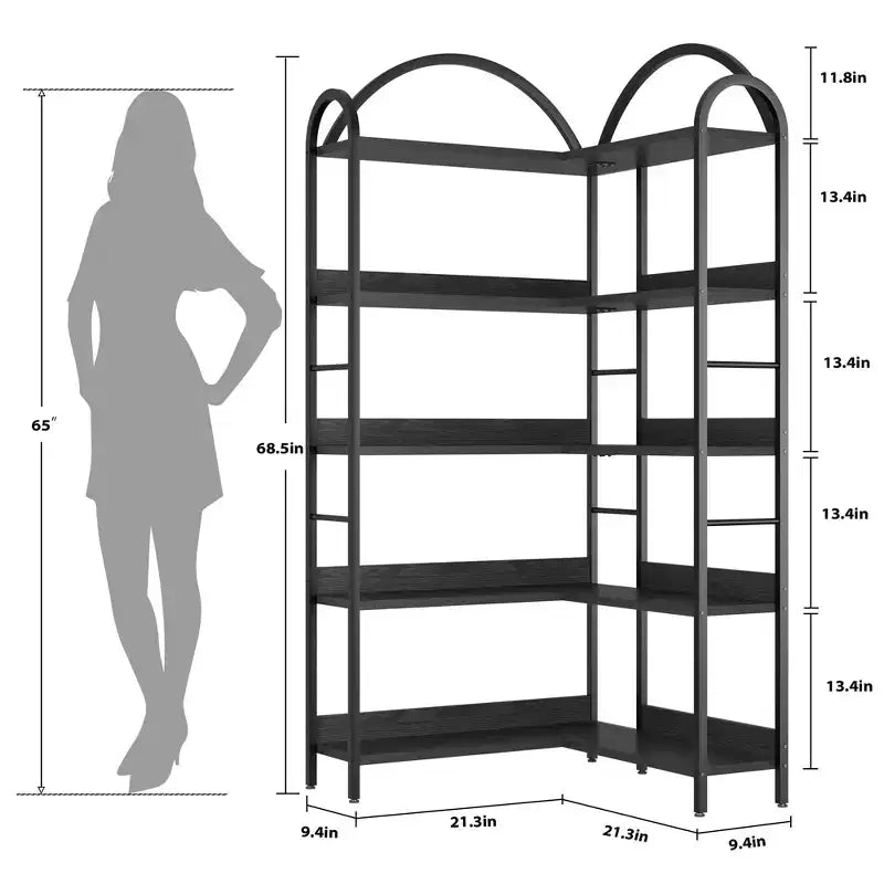 Libreria ad angolo a forma di L, libreria a 5 livelli, scaffale moderno per libri con struttura in metallo, scaffali portaoggetti autoportanti per uso domestico e ufficio