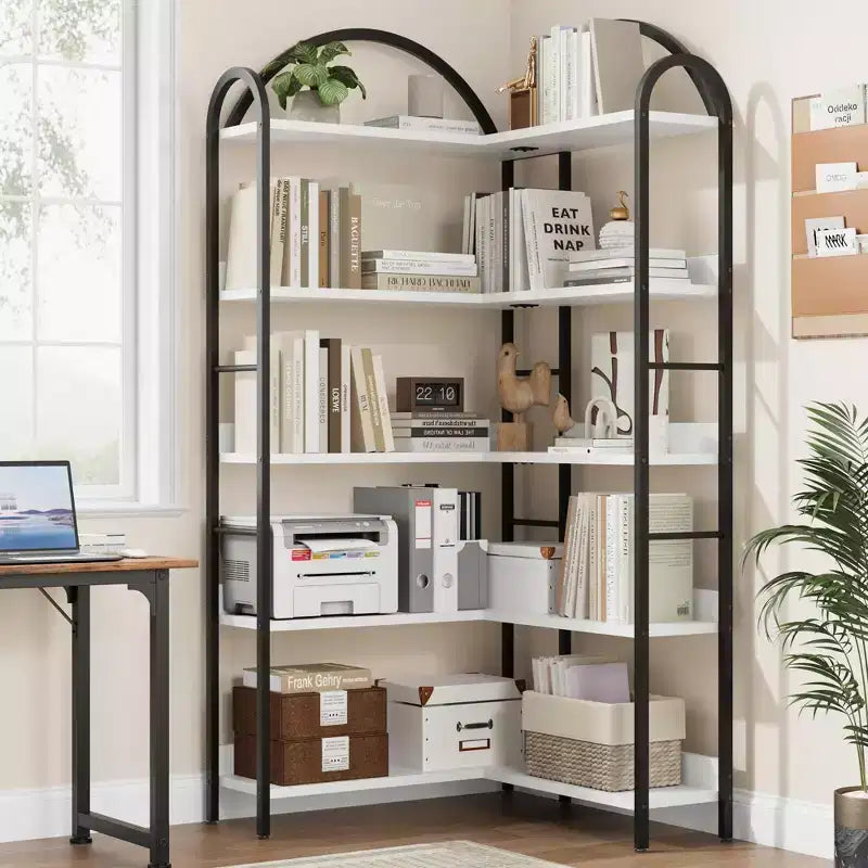Libreria ad angolo a forma di L, libreria a 5 livelli, scaffale moderno per libri con struttura in metallo, scaffali portaoggetti autoportanti per uso domestico e ufficio