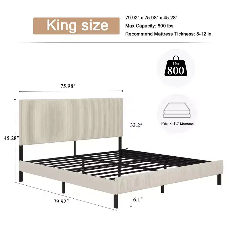 Telaio letto a piattaforma king-size, testiera imbottita, nessun box spring necessario, capacità di 227 kg, beige