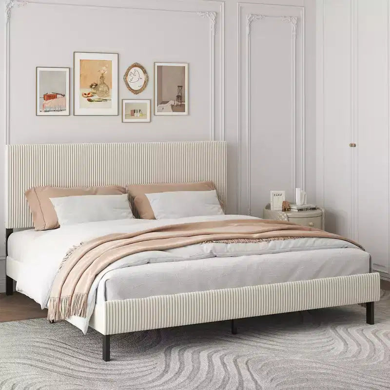 Telaio letto a piattaforma king-size, testiera imbottita, nessun box spring necessario, capacità di 227 kg, beige