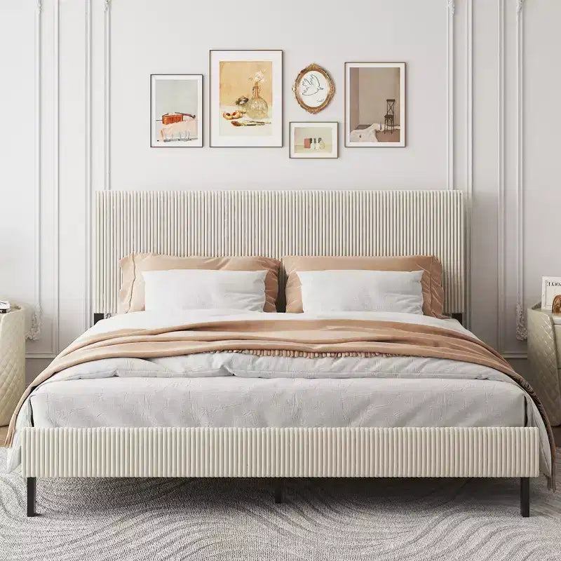 Telaio letto a piattaforma king-size, testiera imbottita, nessun box spring necessario, capacità di 227 kg, beige