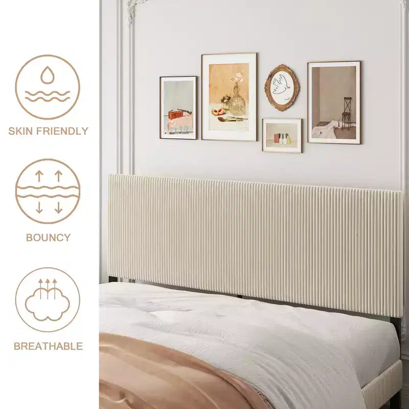 Telaio letto a piattaforma king-size, testiera imbottita, nessun box spring necessario, capacità di 227 kg, beige