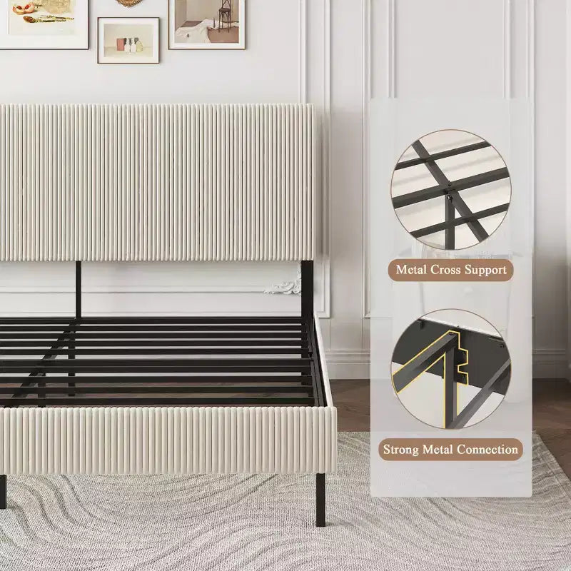 Telaio letto a piattaforma king-size, testiera imbottita, nessun box spring necessario, capacità di 227 kg, beige