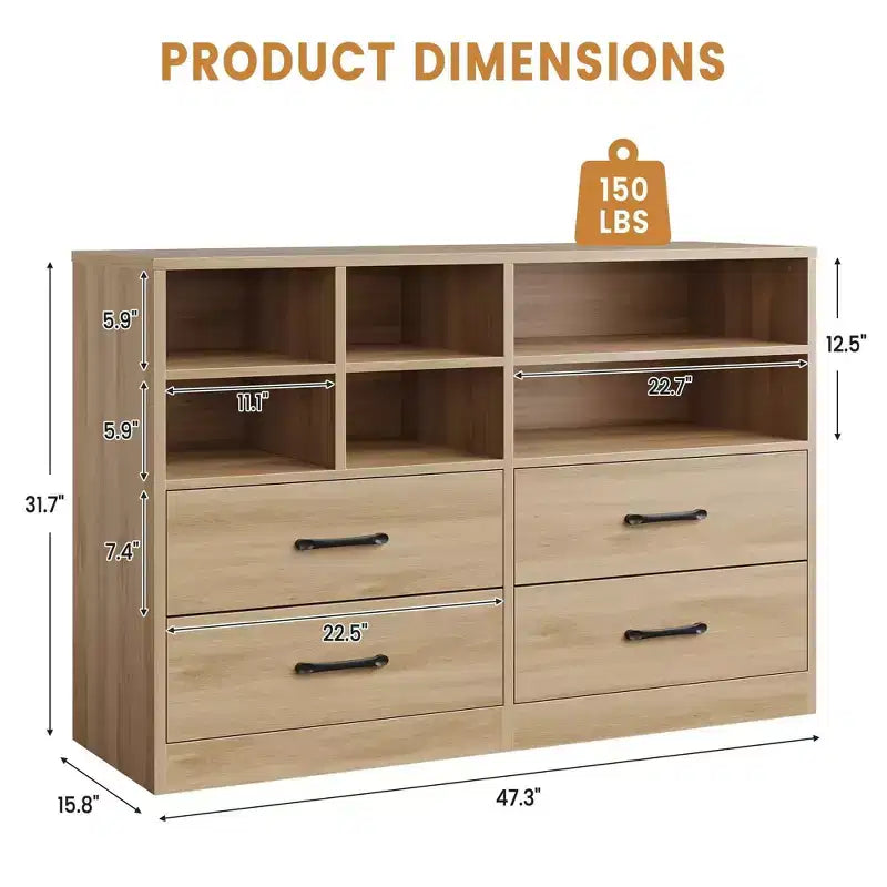 Cassettiera moderna, 4 cassetti e 6 scomparti regolabili, capacità 68 kg, 120x40x80 cm