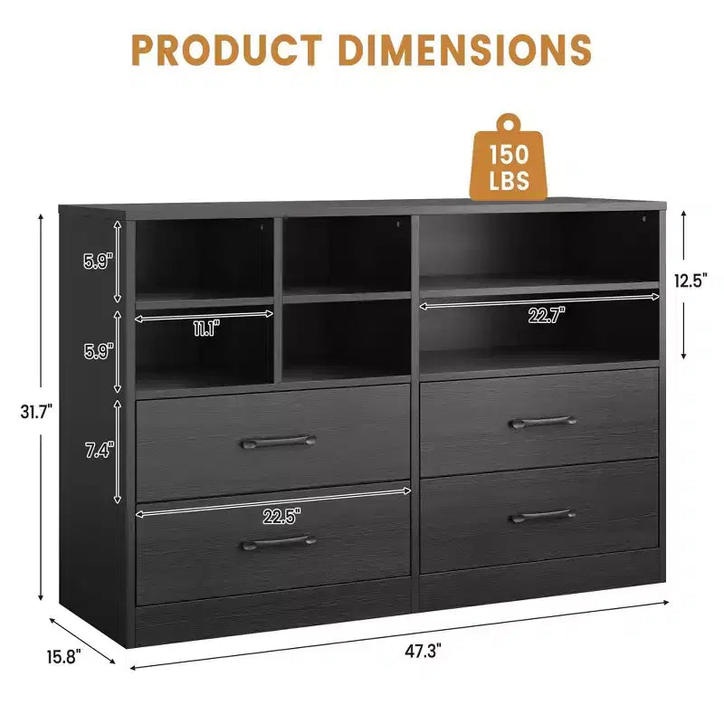 Cassettiera moderna, 4 cassetti e 6 scomparti regolabili, capacità 68 kg, 120x40x80 cm