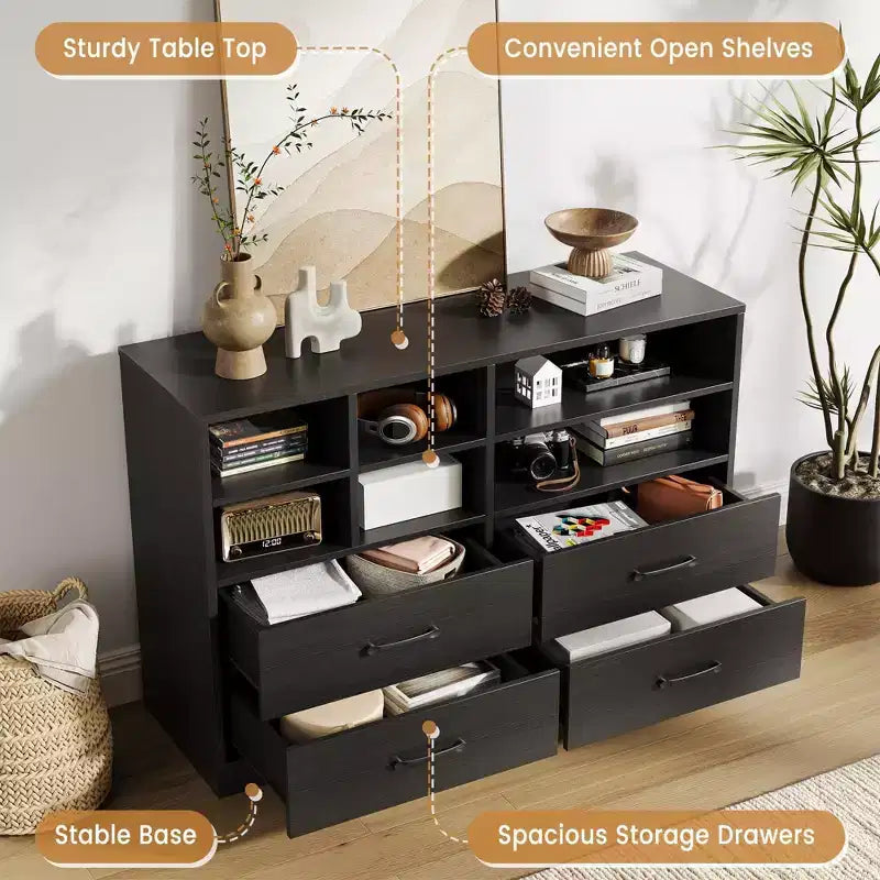 Cassettiera moderna, 4 cassetti e 6 scomparti regolabili, capacità 68 kg, 120x40x80 cm