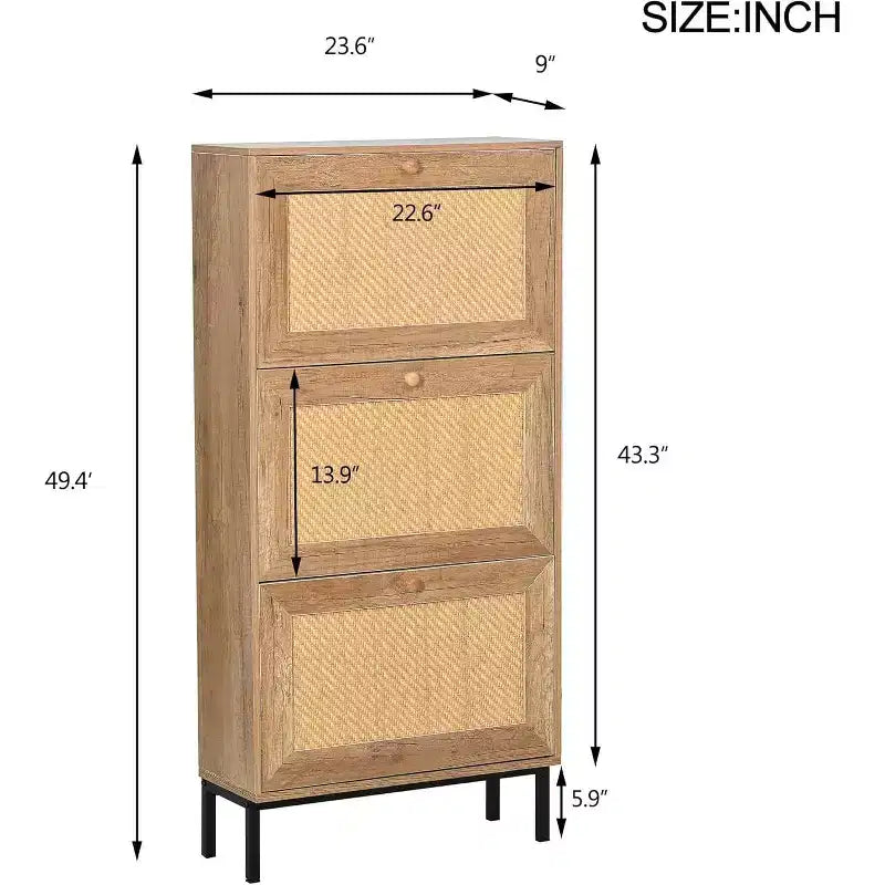 Scarpiera in rattan naturale, organizer per scarpe da ingresso a 3 ripiani e 6 scomparti, maniglia in legno e base in metallo opaco, 26,6x9,4x48,2