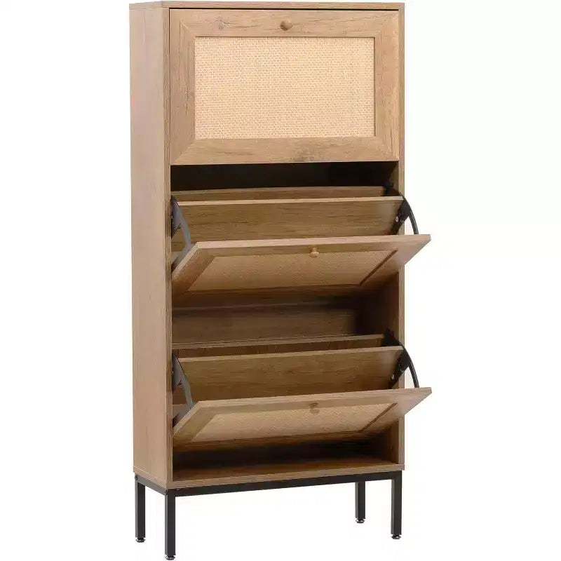 Scarpiera in rattan naturale, organizer per scarpe da ingresso a 3 ripiani e 6 scomparti, maniglia in legno e base in metallo opaco, 26,6x9,4x48,2