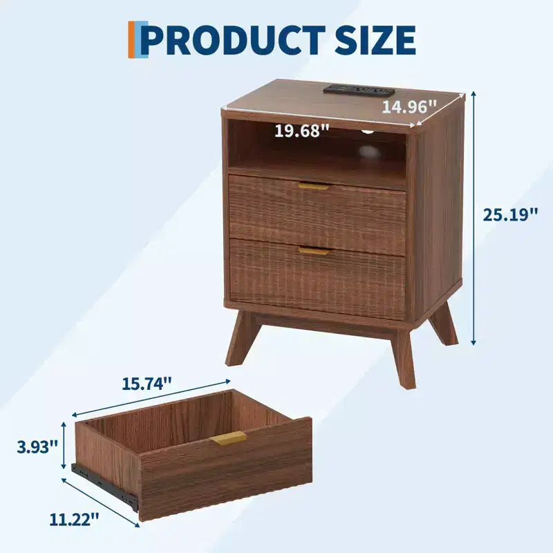 Comodino scanalato con 2 cassetti e ripiano aperto, stazione di ricarica integrata, 2 prese CA + 2 USB, legno