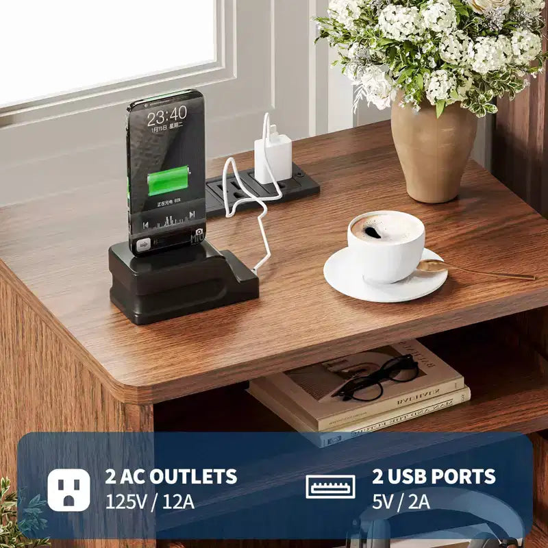 Comodino scanalato con 2 cassetti e ripiano aperto, stazione di ricarica integrata, 2 prese CA + 2 USB, legno