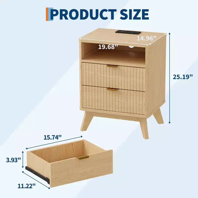 Comodino scanalato con 2 cassetti e ripiano aperto, stazione di ricarica integrata, 2 prese CA + 2 USB, legno
