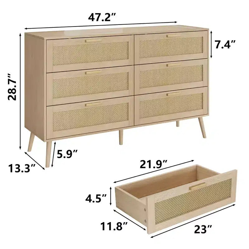 Cassettiera in Rattan a 6 Cassetti, Comò Boho, Maniglie in Legno, Guide Metalliche Scorrevoli, 120 cm di Larghezza