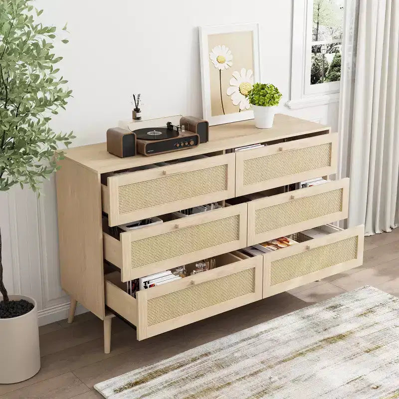 Cassettiera in Rattan a 6 Cassetti, Comò Boho, Maniglie in Legno, Guide Metalliche Scorrevoli, 120 cm di Larghezza