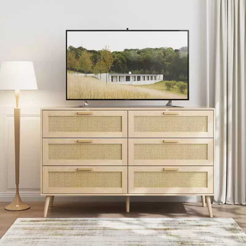 Cassettiera in Rattan a 6 Cassetti, Comò Boho, Maniglie in Legno, Guide Metalliche Scorrevoli, 120 cm di Larghezza