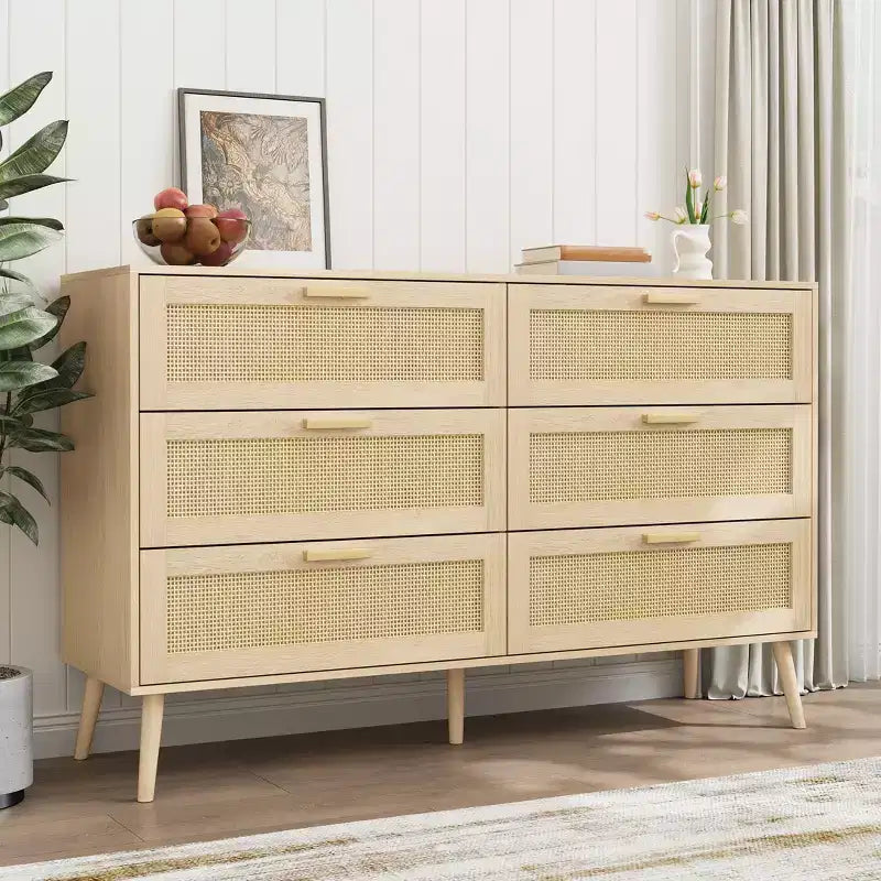 Cassettiera in Rattan a 6 Cassetti, Comò Boho, Maniglie in Legno, Guide Metalliche Scorrevoli, 120 cm di Larghezza