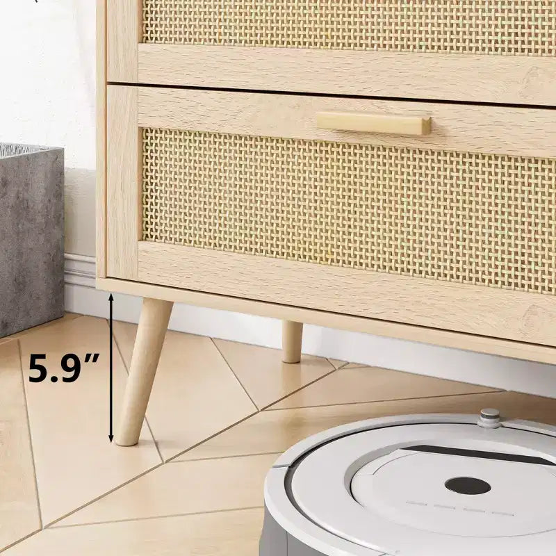 Cassettiera in Rattan a 6 Cassetti, Comò Boho, Maniglie in Legno, Guide Metalliche Scorrevoli, 120 cm di Larghezza