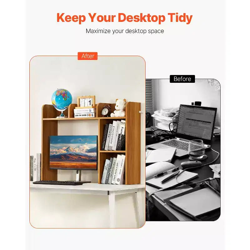 Libreria da tavolo a 2 ripiani e supporto per monitor, capacità 60 kg, antiribaltamento, 94,5x24x73,5 cm, marrone