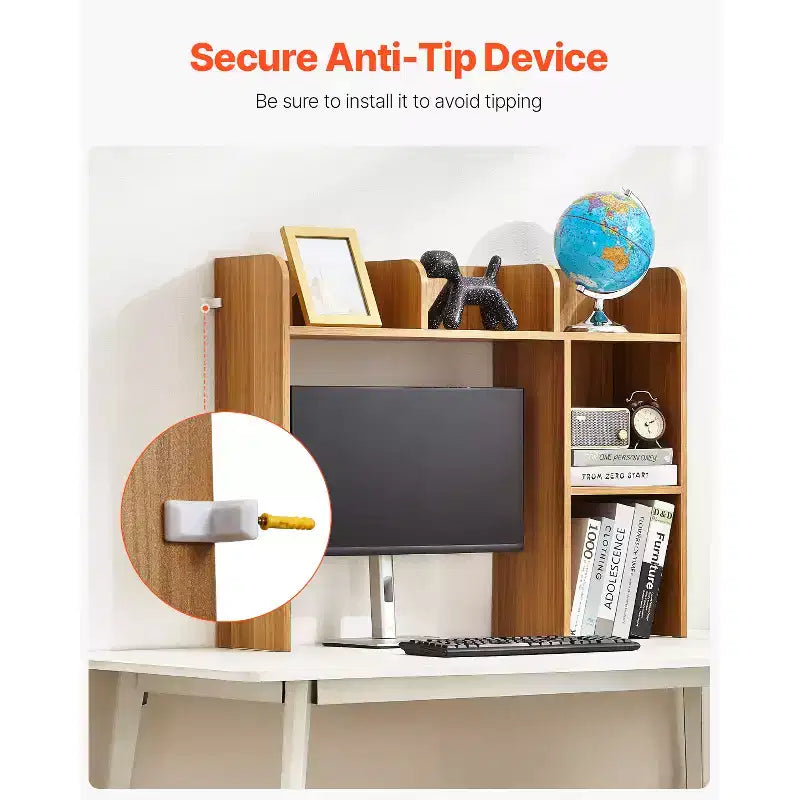 Libreria da tavolo a 2 ripiani e supporto per monitor, capacità 60 kg, antiribaltamento, 94,5x24x73,5 cm, marrone