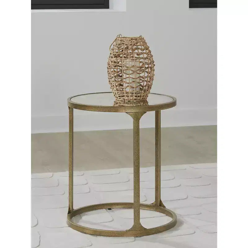 Tavolino rotondo, struttura in acciaio color oro antico, piano in vetro effetto marmo, 50,8 cm diam. x 57,15 cm H
